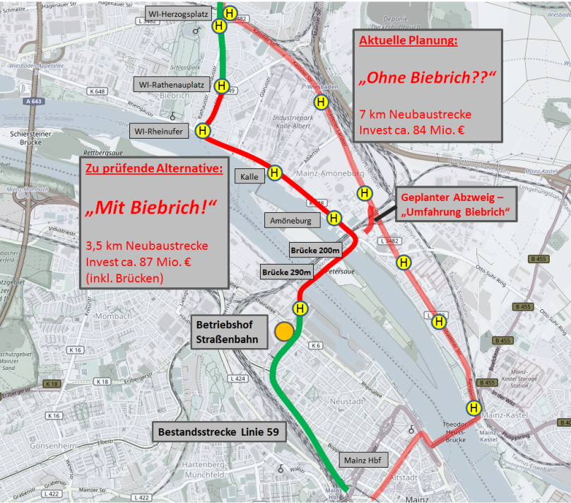 Haltestellenlage CityBahn Wiesbaden mit Neuer Rheinquerung